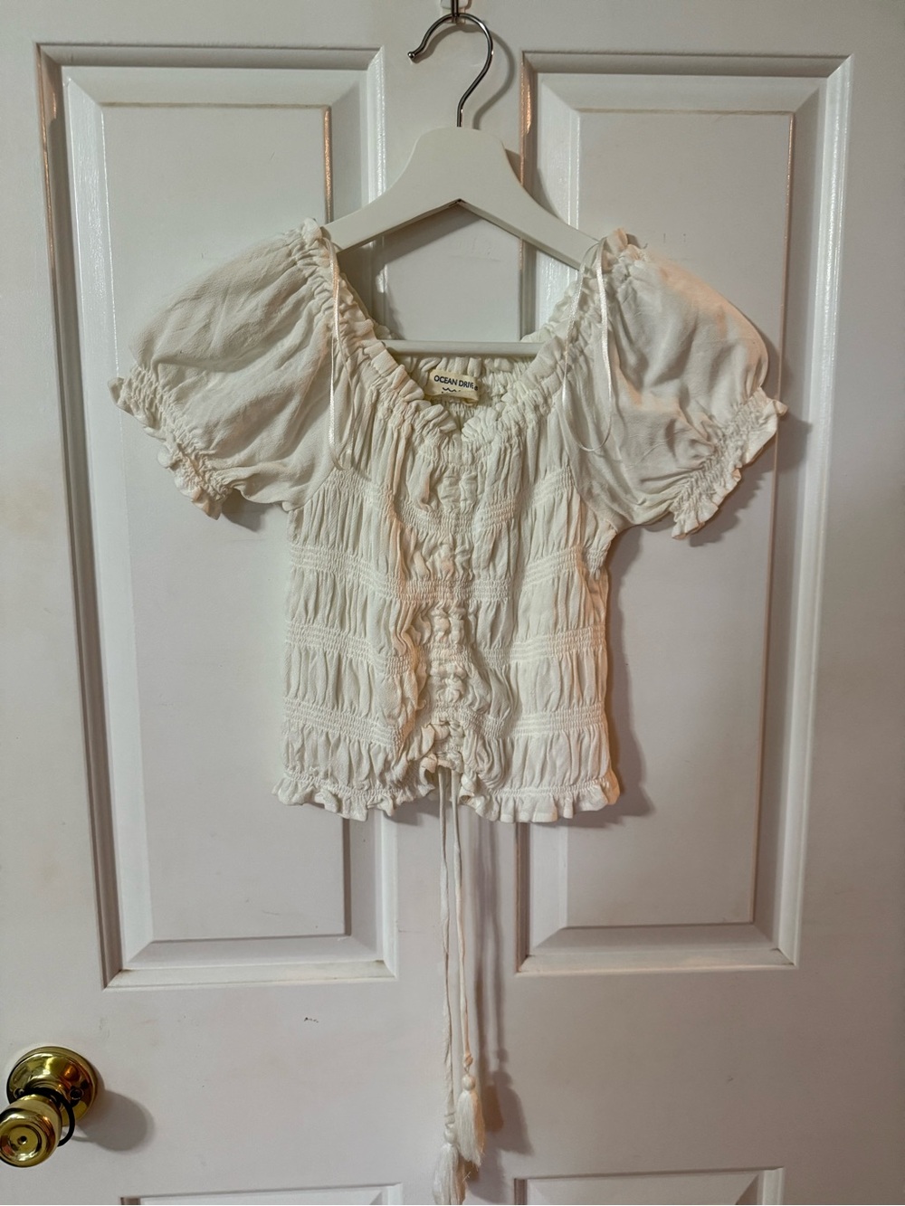 Ocean Drive Cream Smocked Tie-Front Puff Sleeve Crop Top